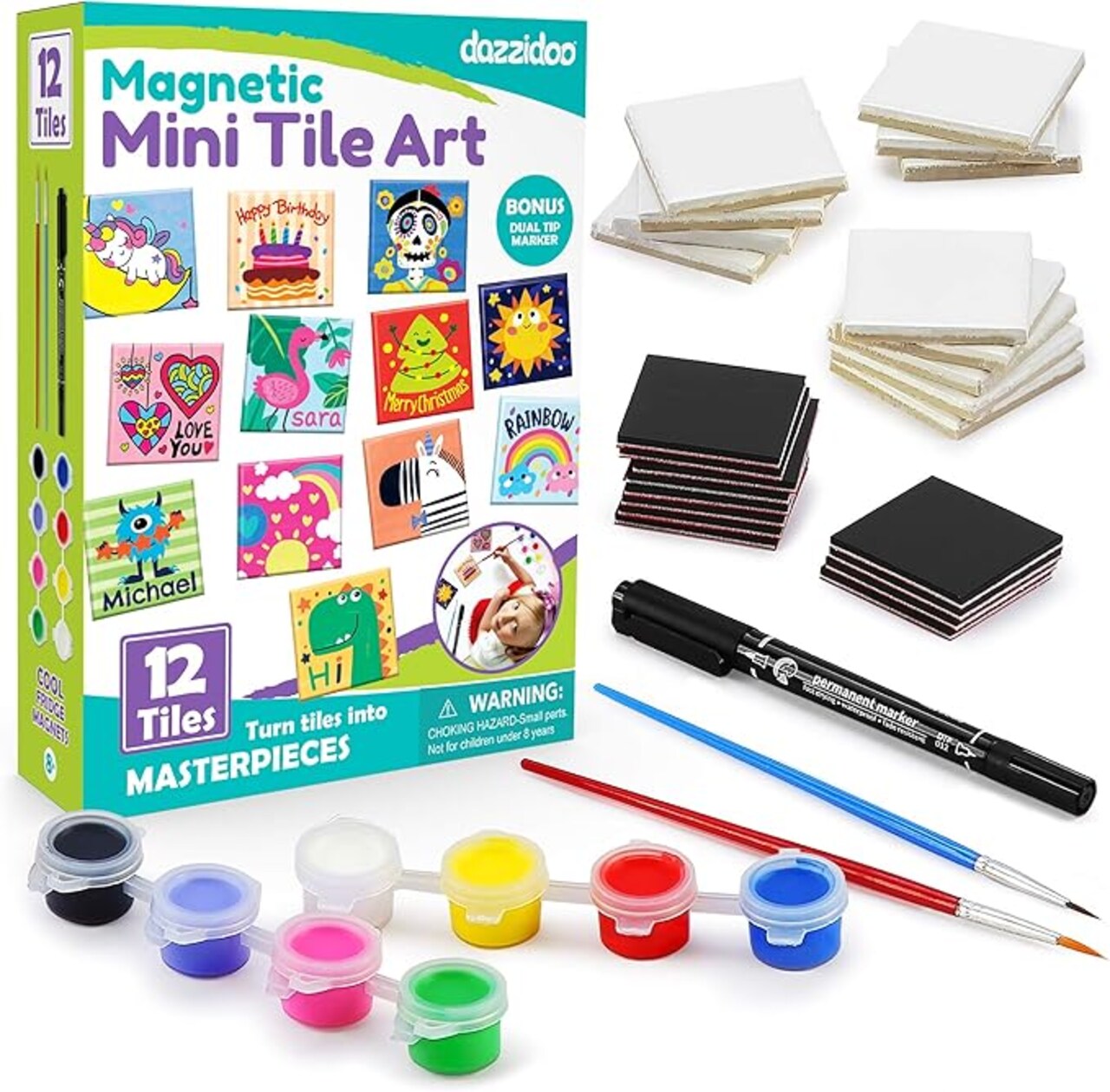 DIY Craft Kit; Design and Paint Magnet Tiles - Kids Paint Arts & Crafts Project; Includes 12 Tile Magnets, 8 Paint Colors, 2 Brushes and Marker; Fun Ceramic Tile Painting Kit